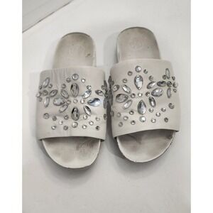 Tory Burch Womens Brae Rhinestones Crystals Embellished Leather Slides White 6.5
